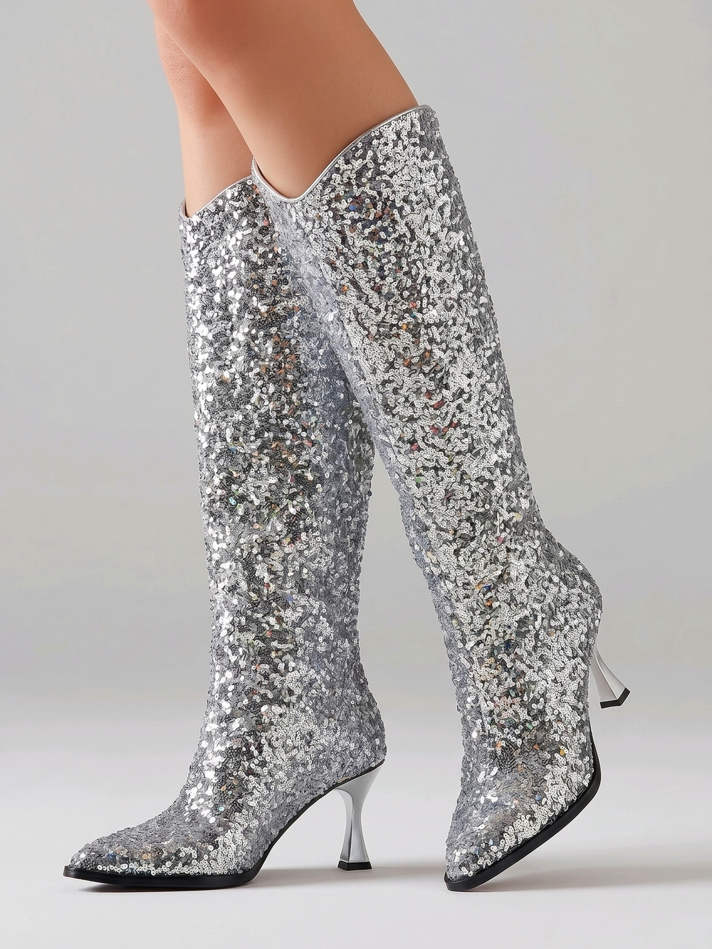 NIB | OASIS SOCIETY | 9 | Silver Sequin Knee High Pyramid Heel Boots